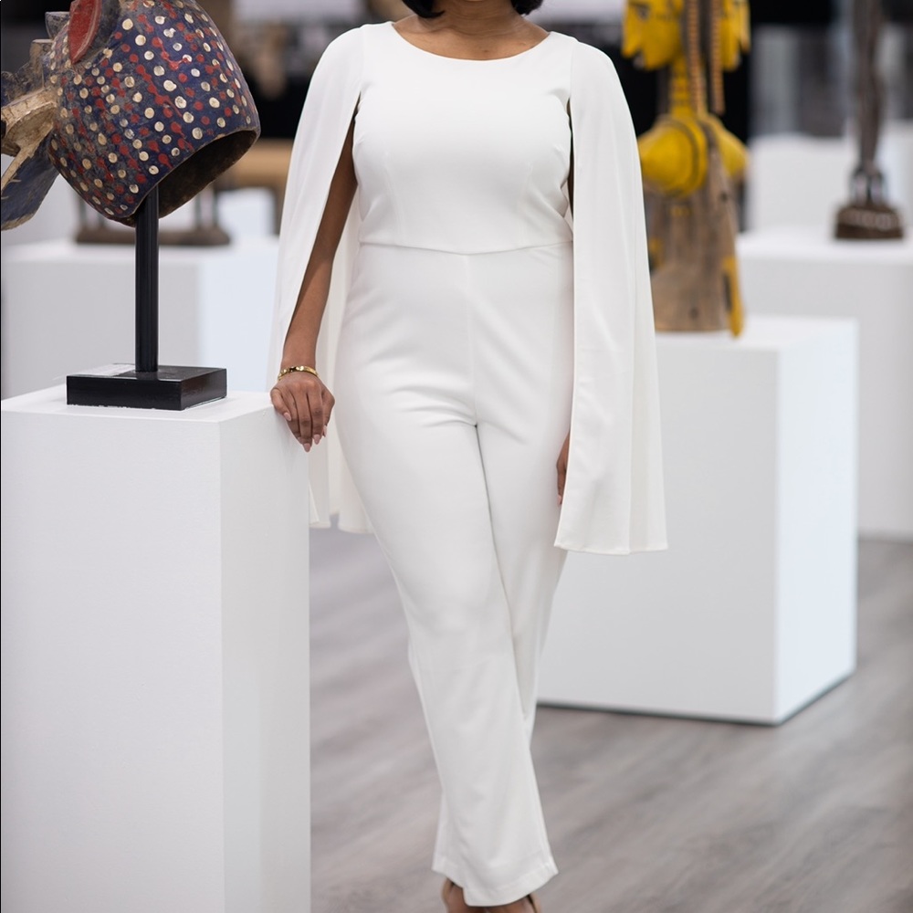 White Adrianna Papelli cape sleeve jumpsuit